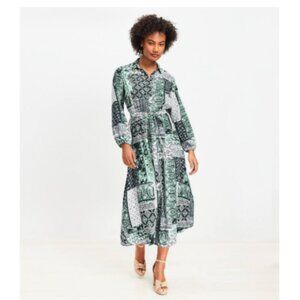 LOFT Patchwork Tie Waist Midi Dress, Size M - NWT